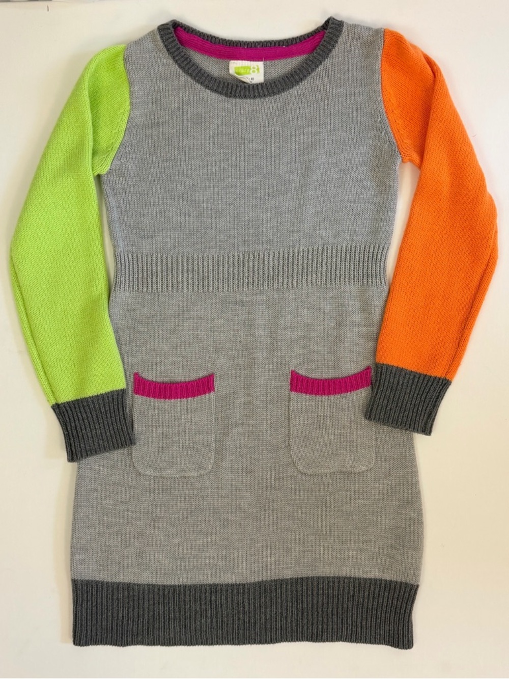 Girls' Gray Ribbed Sweater Dress w/ Lime Green & Bright Orange Sleeves (7-8)